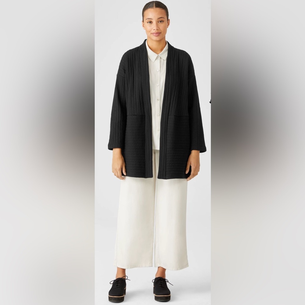 Eileen Fisher Black Organic Cotton Channels High Collar Minimalist Jacket Sz S